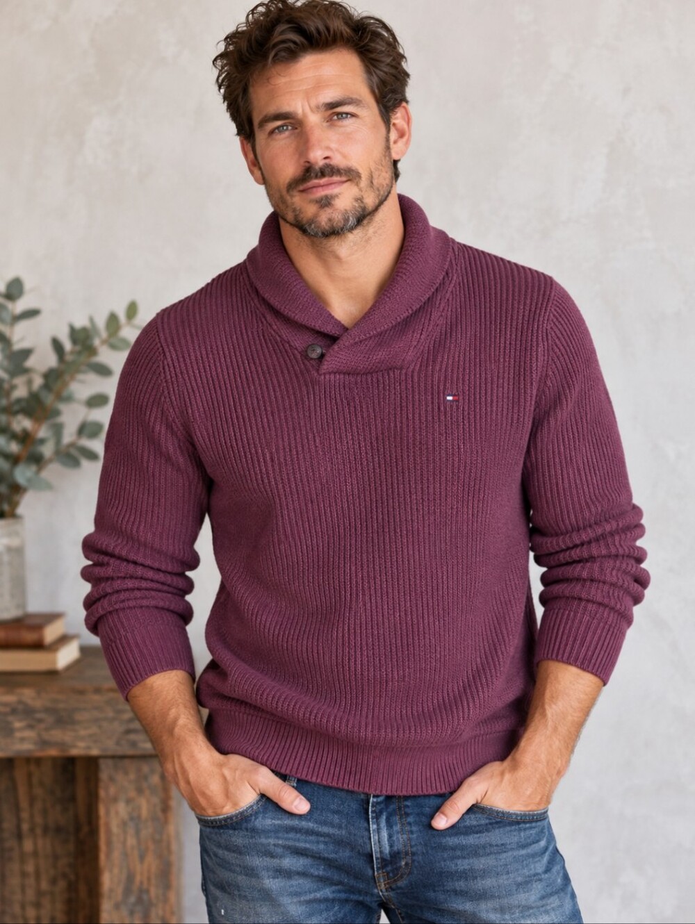 Tommy Hilfiger 100% Cotton Burgundy Shawl Collar Pullover Sweater Men’s M